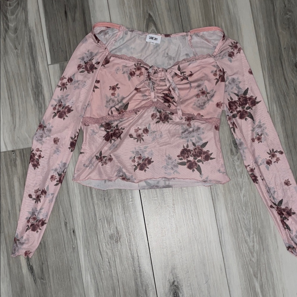 Pink Floral Lace-Up Long Sleeve Top